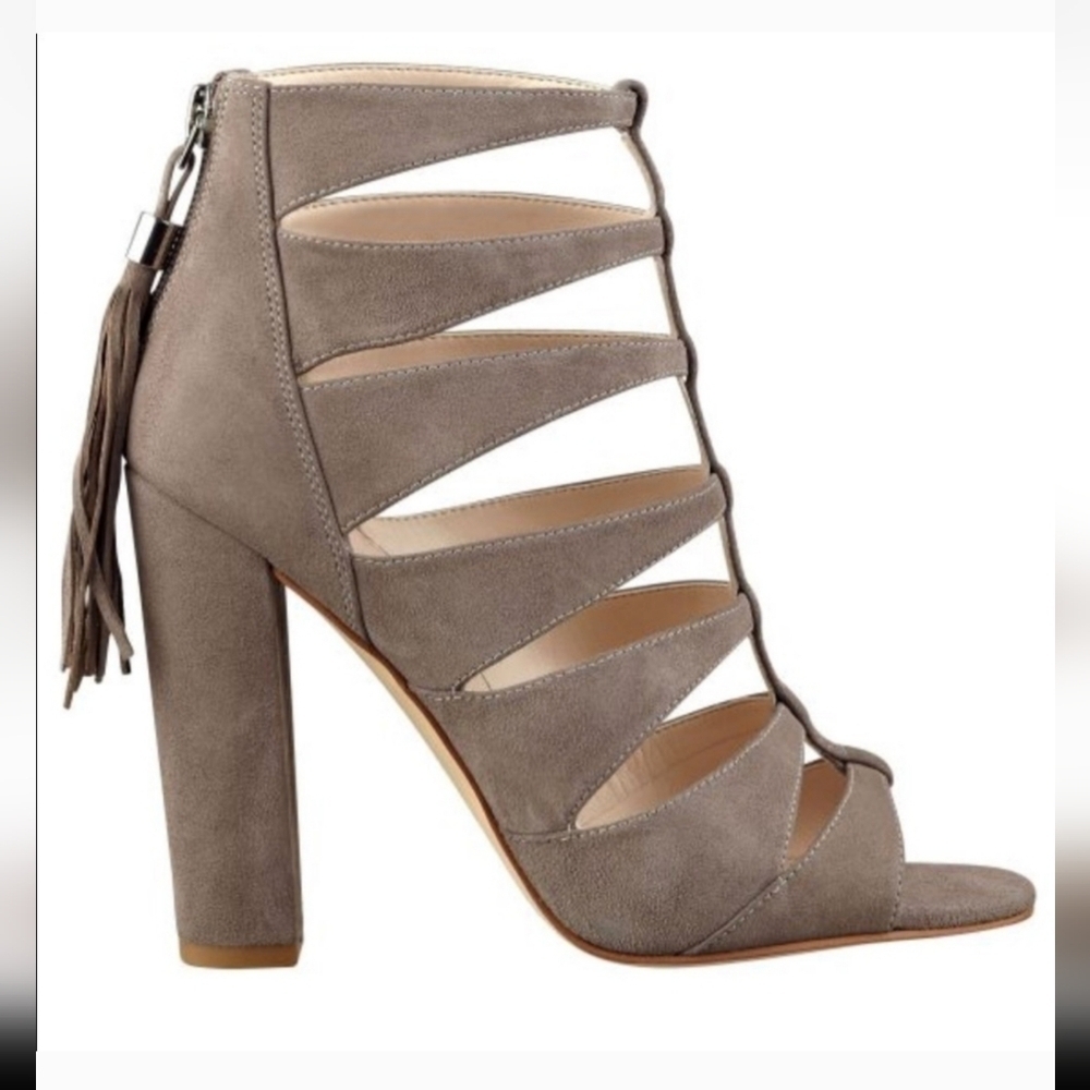 Marc Fisher LTD Hindera Taupe Suede Caged Block Heel Sandal 10M